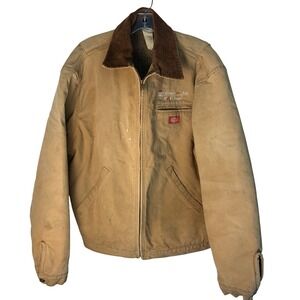 Dickies Men L Work Jacket Tan Blanket Lined Cord Collar Duck Canvas Zip Distress